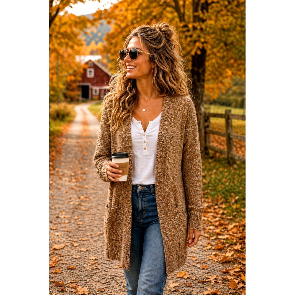 Love Ellie Speckled Long Open Front Cardigan Multi Brown- size L